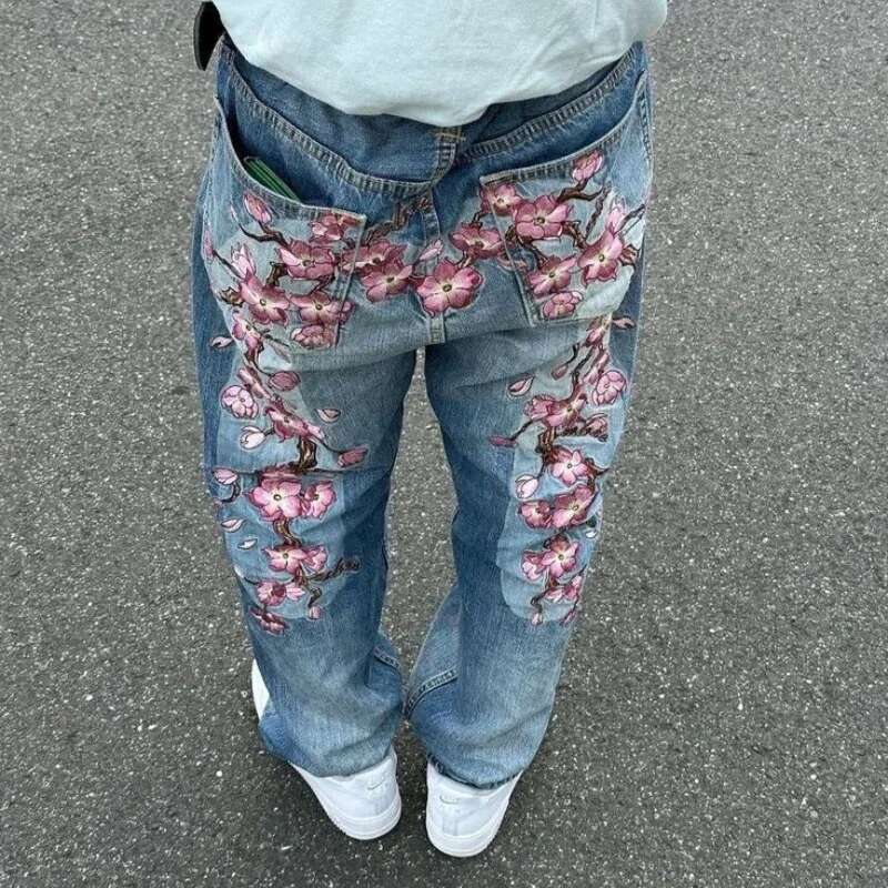 Women's Wear Retro Cherry Blossom Embroidery Baggy Jeans Women Y2k Haruku Hip Hop Casual Joker Wide Trousers American Gothic Street Wear