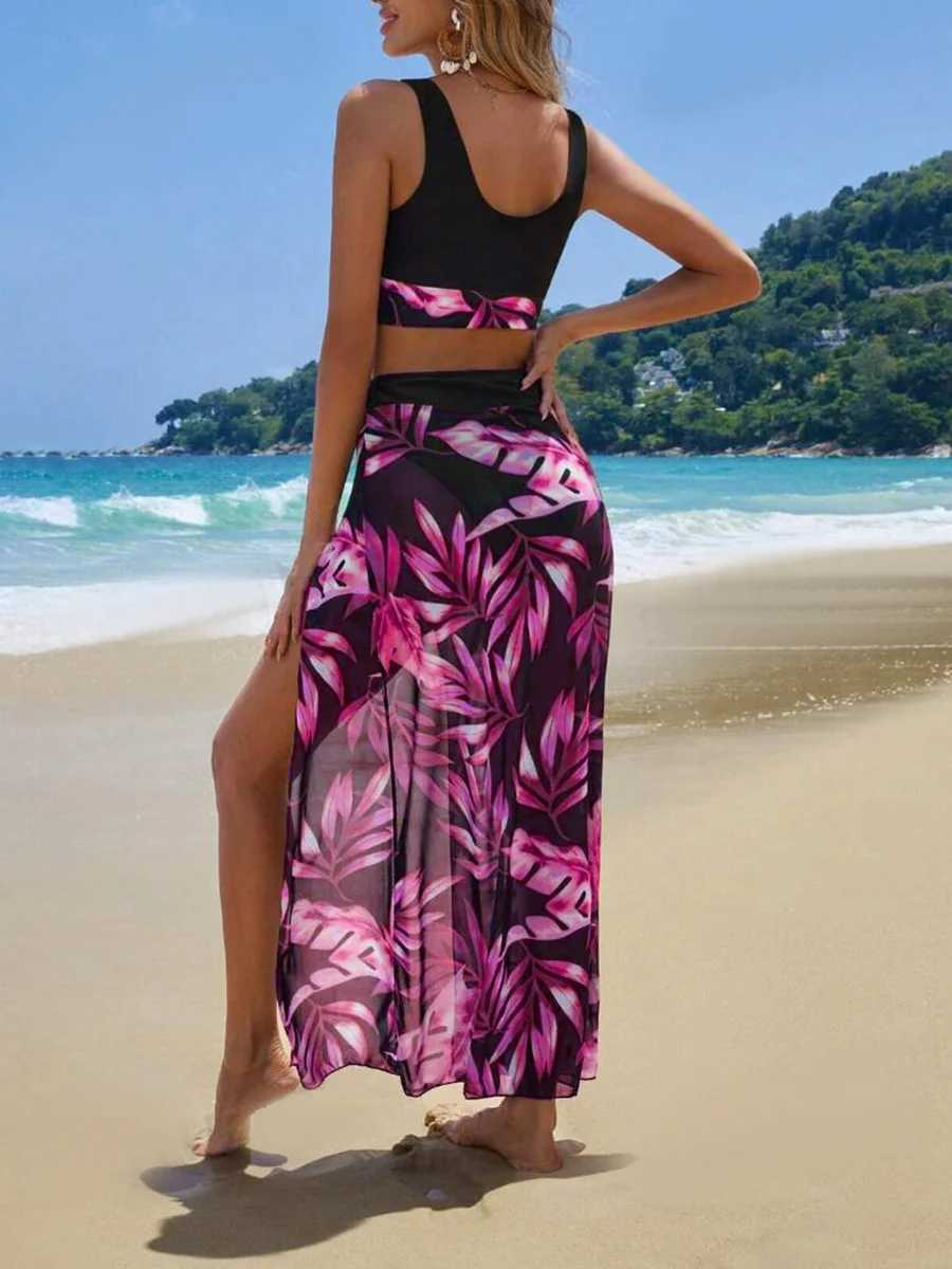 2024 printed three piece bikini with ventilation long swimsuit womens swimsuit Fa bathtub swimming swimsuit beachwearXJ250324