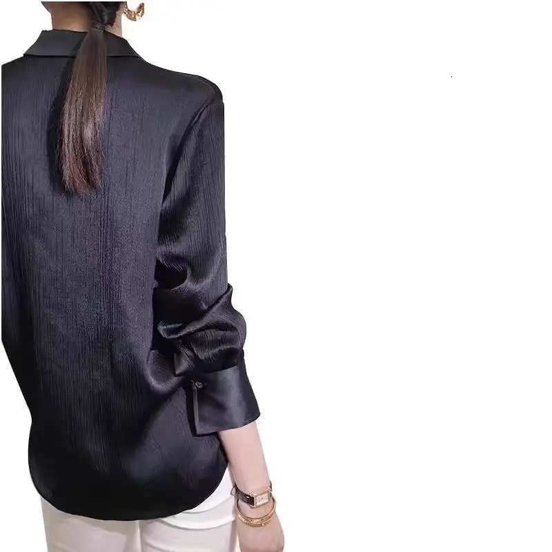 Womens Shirts Spring Black Satin Texture Loose Long-sleeved Blouse Elegant Office Lady Work Wear Fashion Female Clothing 250317