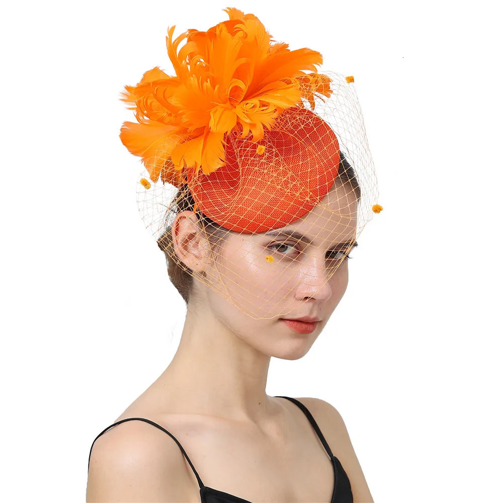 Orange Linen Cocktail Fascinator Hat Derby Millinery Hair Accessories Elegant Cover Face Veils Feather Flower Headband 250320