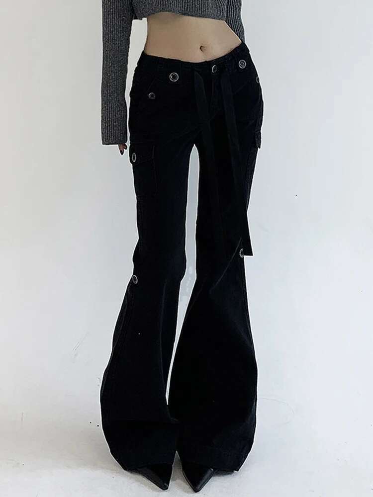 Rockmore Brown Low Rise Flare Jeans For Women Streetwear Y2k Aesthetic Cargo Jean Pants Vintage Denim Trousers Grunge Fairycore