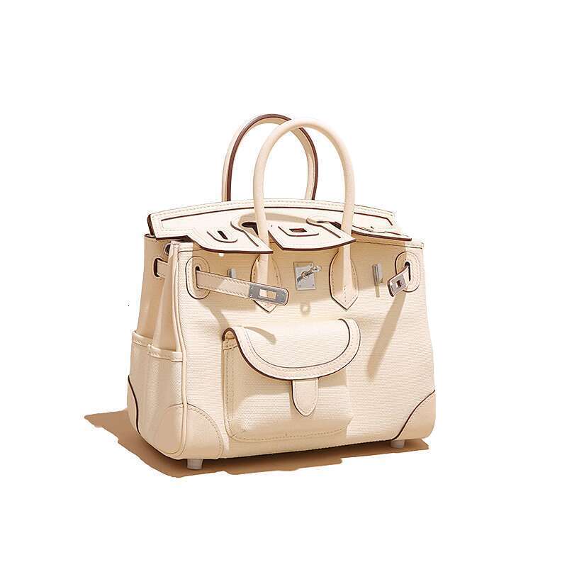 Women's Bags Small niche design cargo bag women's canvas patchwork color genuine leather 25cm handle handbag