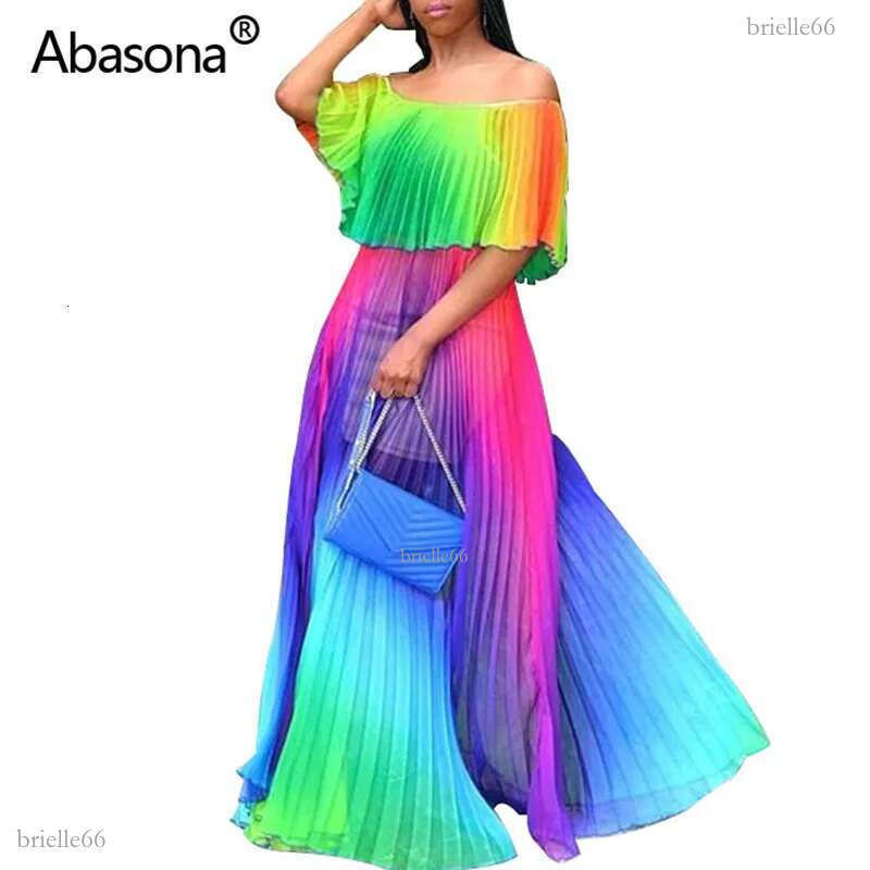 Abasona Hush Chiffon Women Summer Long Beach Dress Boho Gradients Tie Dye Print Big Hem Off Shoulder Maxi Evening Party Dress Y19071101