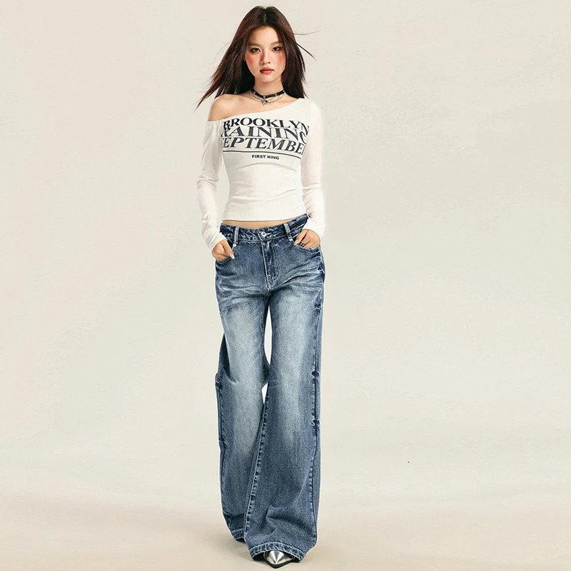 Autumn womens streetwear washed denim pants vintage straight pants casual loose fit high waist wide leg jeans 250321