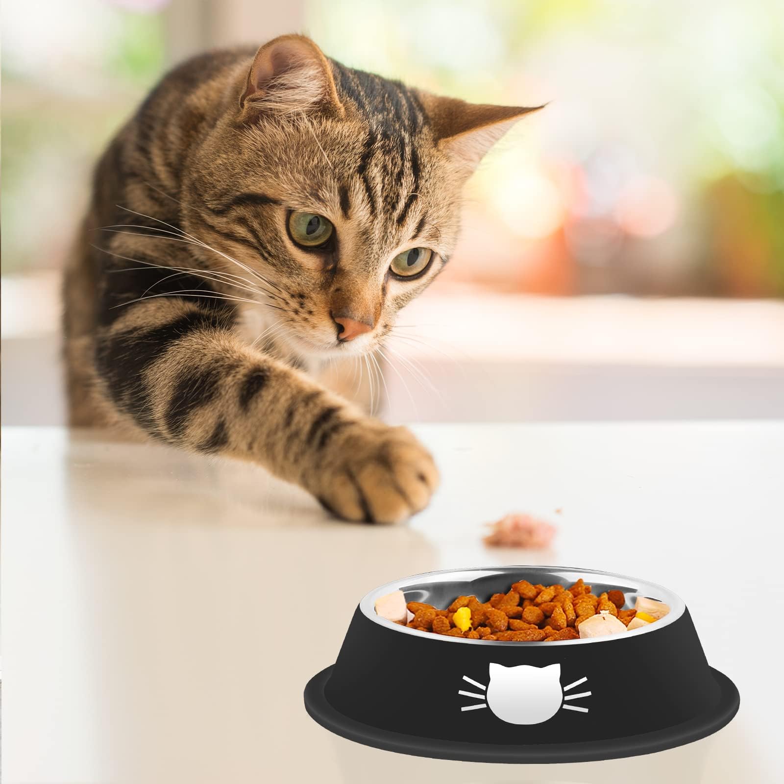 Anti-Slip Stainless Steel Cat Food Bowl Set with Detachable Rubber Base 7 Ounce Capacity, Cute Color Design for Small Pets