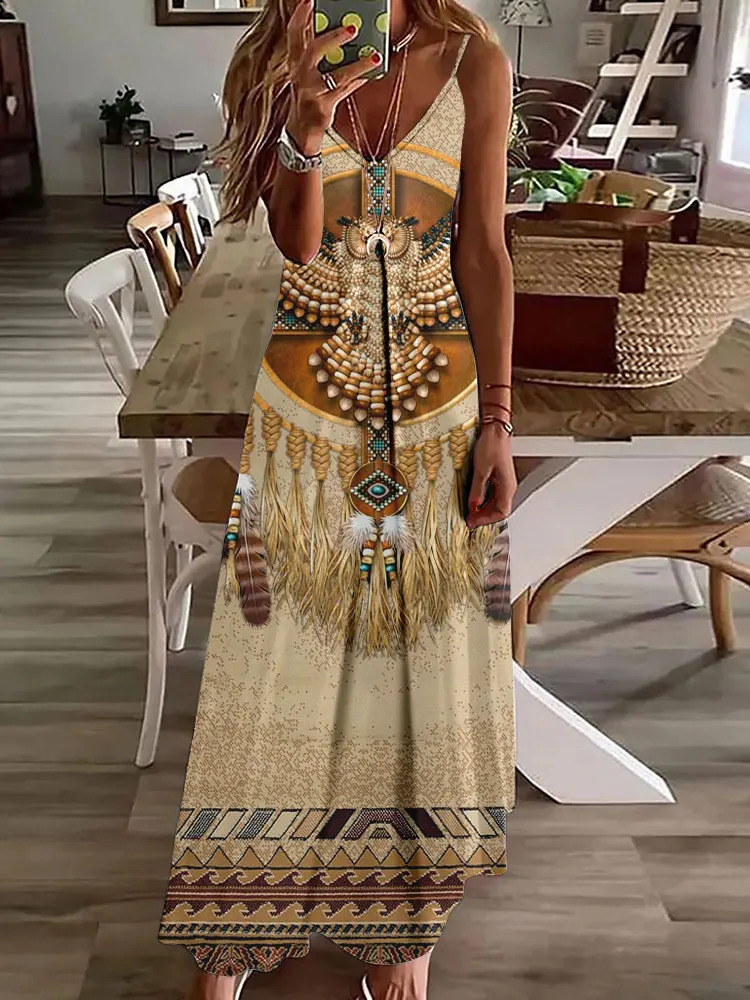 Vintage Ethnic Style Womens Long Dress Summer Daily Casual Womens Sleeveless Dress Indian Owl Totem Print Fashion V-neck Dress 250324