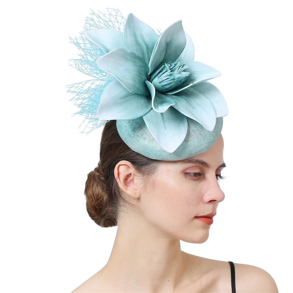 Light Blue Millinery Cocktail Fascinator Hat Foral Linen Derby Event Hair Accessories Women Foam Flower Headband High Quality 250320