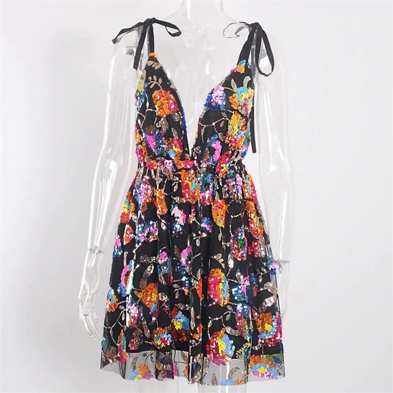 Sexy Deep V Backless Sequin Floral Tie Women Short Dress 250324