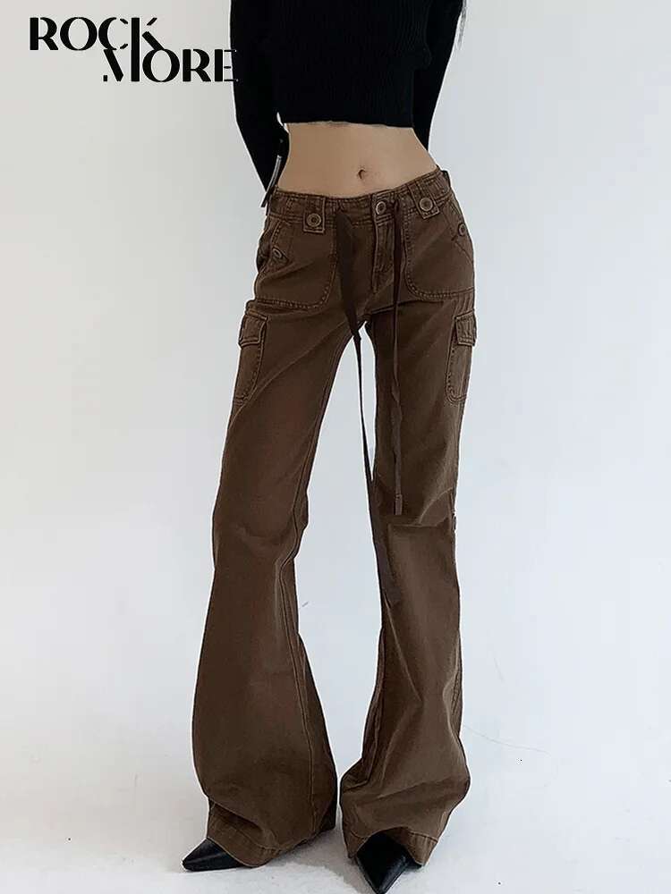 Rockmore Brown Low Rise Flare Jeans For Women Streetwear Y2k Aesthetic Cargo Jean Pants Vintage Denim Trousers Grunge Fairycore