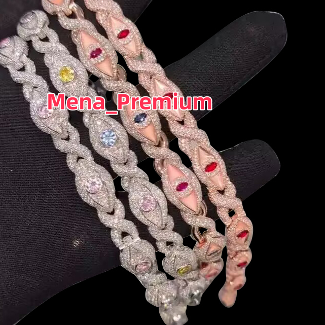 New Style 13mm 15mm Wide Colorful Diamond Chain Hip Hop Jewelry 925 Sterling Silver Evil Eye Moissanite Cuban Link Bracelet Men