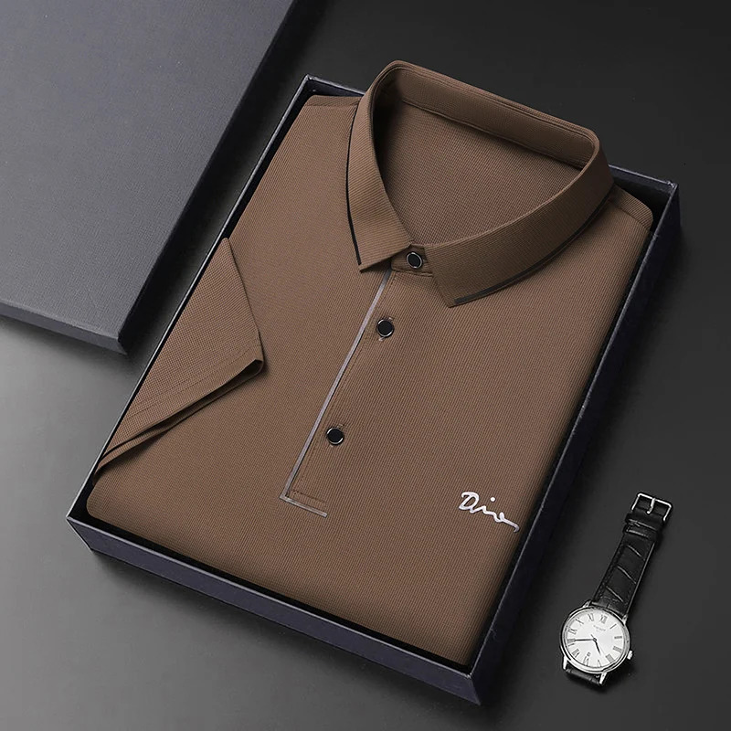 Ice Silk Polo T Shirt Mens Short Sleeved Solid Color POLO Breathable and Comfortable Elastic Tops 250311