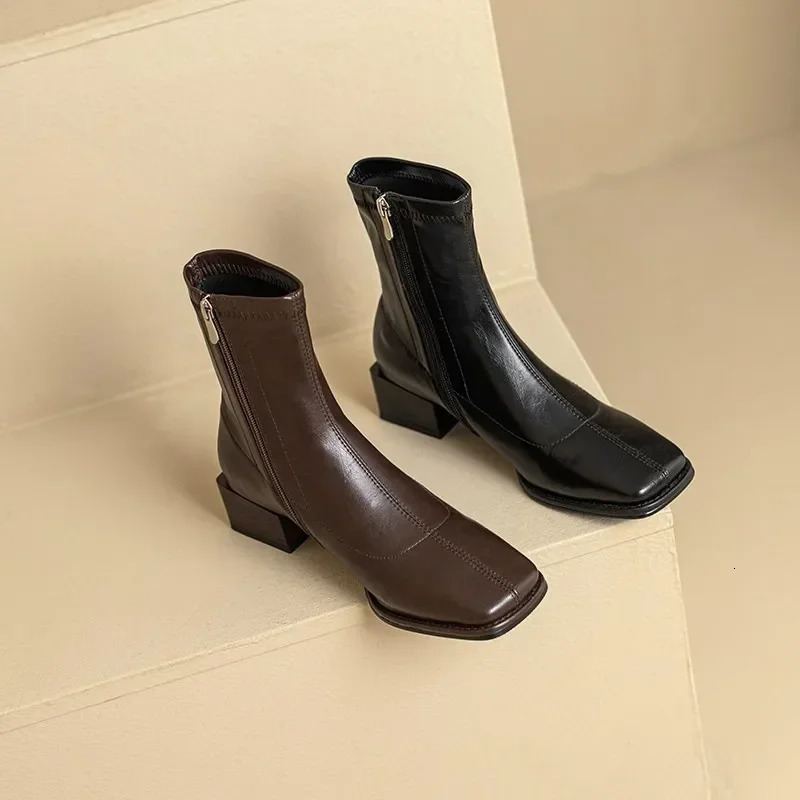 Square Toe Women Ankle Boots Flock Stretch Shoes Thin Mid Heels BlackBrownBeige Back Zipper Dress Sock Woman Size 3440 250317