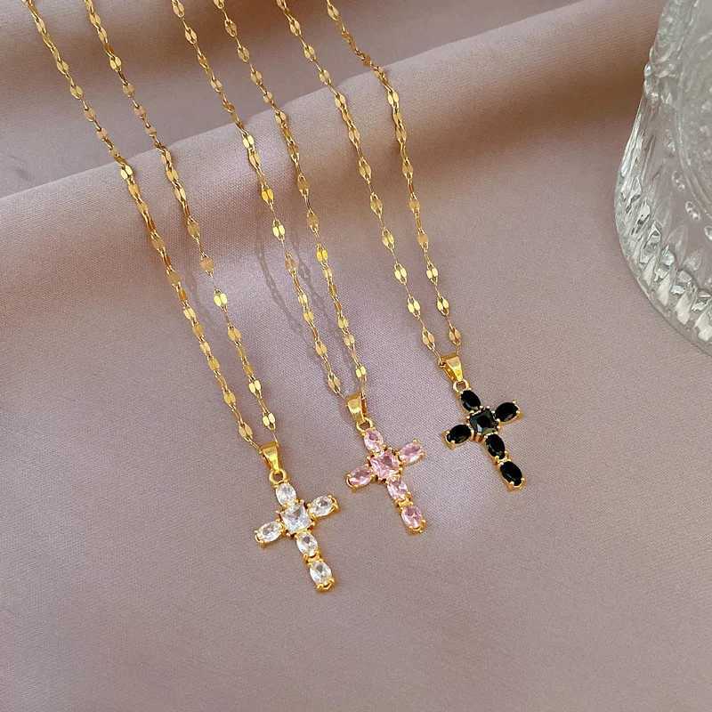 Luxury Shiny Pink Black Clear Zircon Cross Pendant Necklaces for Women Girls Train Stainless Steel Chain Choker Jewelry Gifts W250616