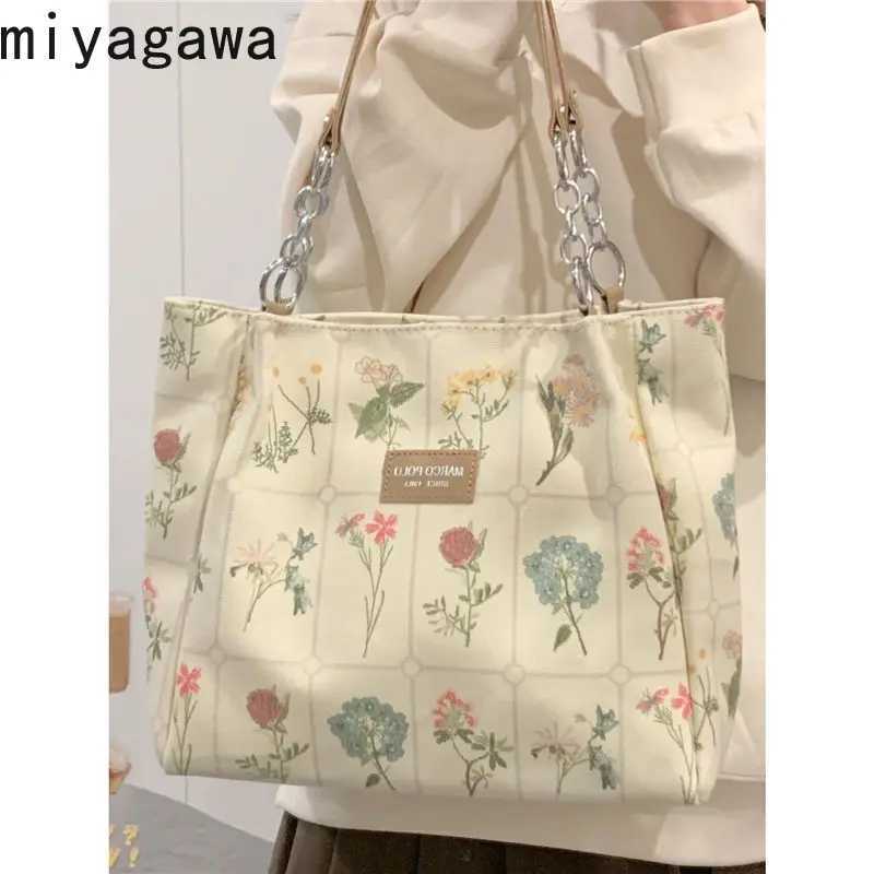 Miyagawa Womens 2024 Large Capacity Canvas Bag Printed Flower Handheld Classroom Commuter Single Shoulder Handbag Z250324