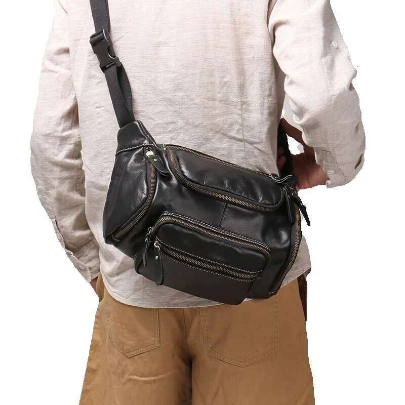 LUOKIR Genuine Men's Chest Large Capacity Oil Leather Waist Bag, Sports Cowhide Shoulder Crossbody Bag
