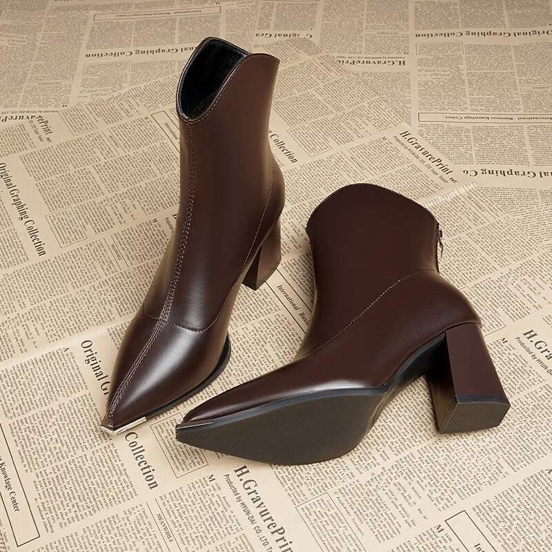 2024 Winter Sexy Women Leather Pointed Brand Toe Ankle Boots New Trendy High Heels Zipper Goth Pumps Shoes
