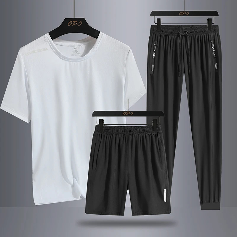 Summer camouflage ice silk trend personalized sports three piece set round neck Tshirt shorts loose and casual pants 250318