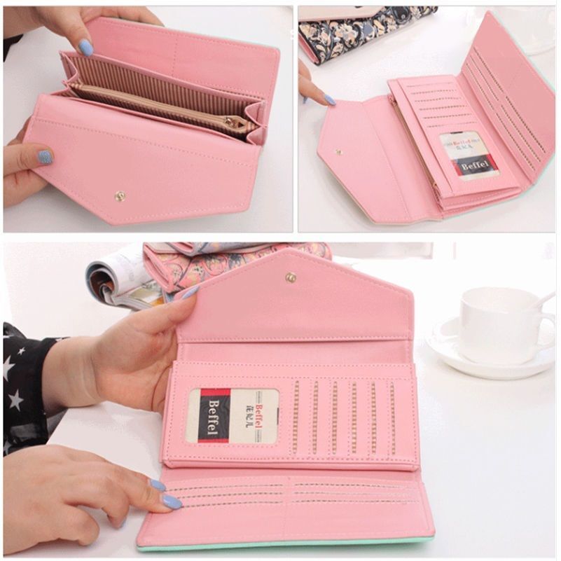 Floral Print Long Wallet For Women, Credit Card Holder, Coin Cash Phone Tri-fold Purse Envelope Handbag