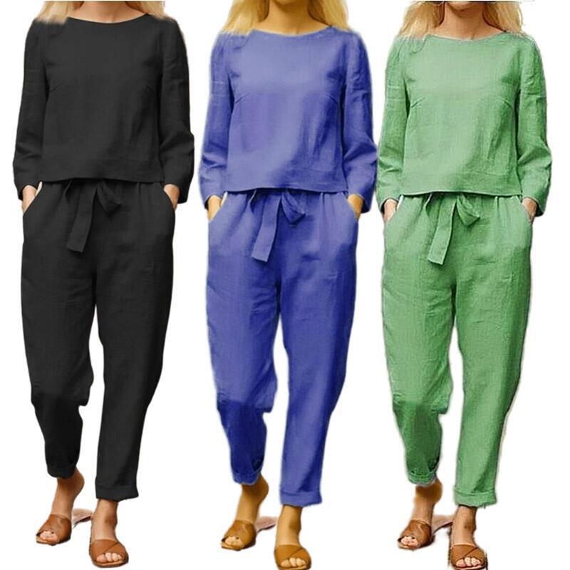 Women's Cotton En Autumn Cotton And Linen Casual Two-Piece Set