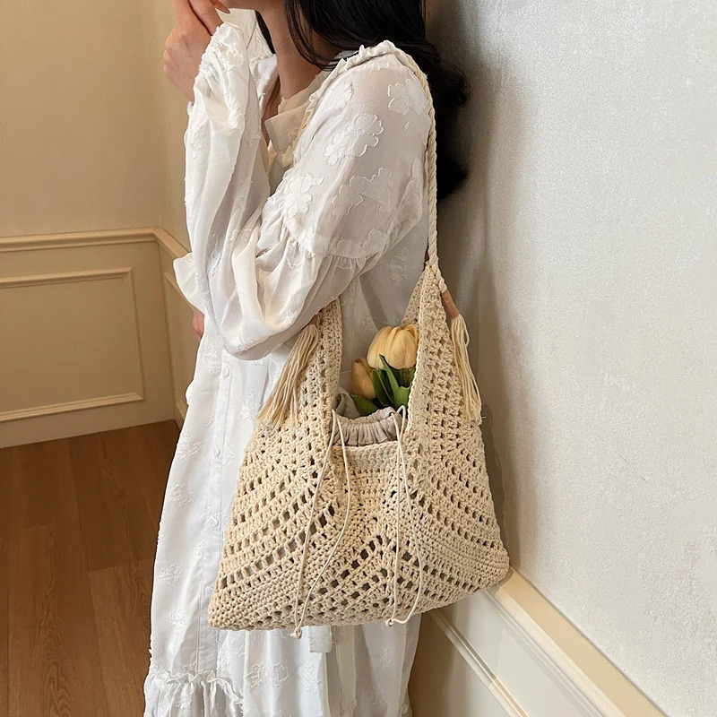 Crochet 2in1 Womens Shoulder Bag Set Raffia Boho Rattan Summer Beach Resort Handbag Knitted n 2025 250401