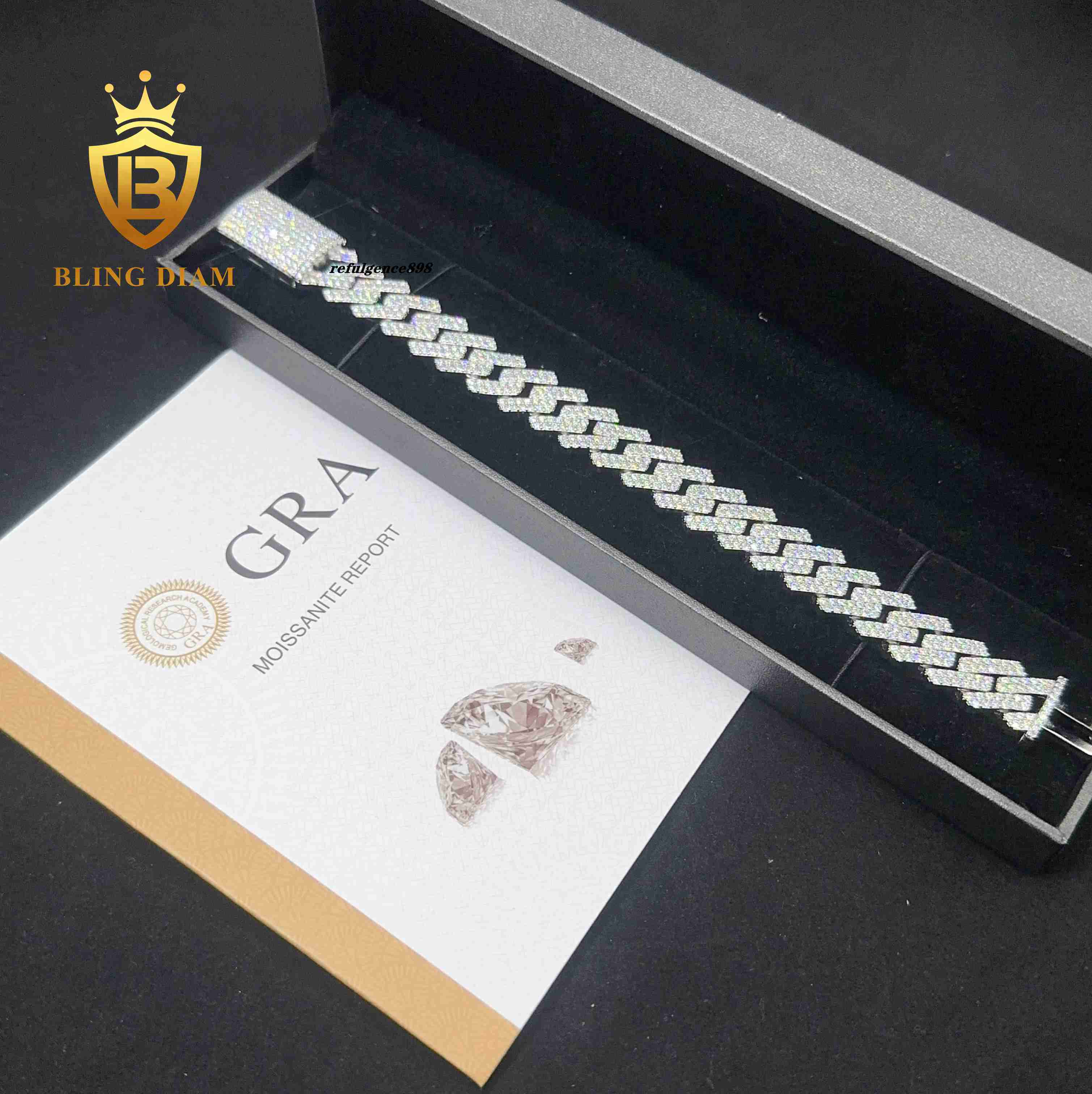 Pass Diamond Test Ice Out 15mm Hip Hop Bracelet 2 Row Round Cut S925 Silver Vvs Moissanite Miami Cuban Chain for Men