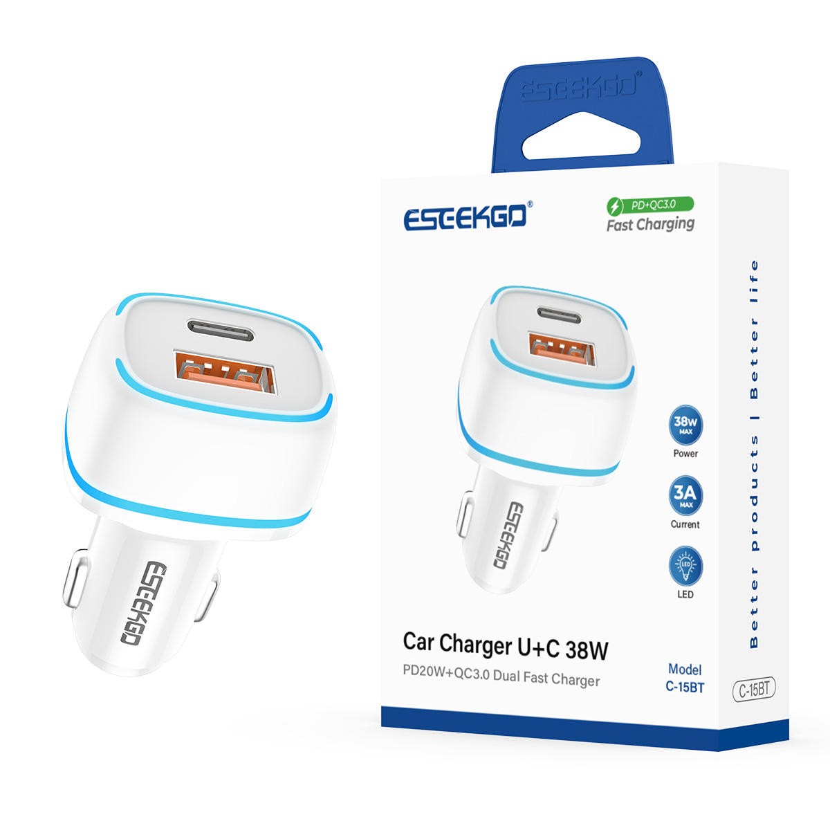 USA STOCK ESEEKGO C-15BT fast charging 38W LED QC3.0+PD20W Car Charger With Retail Package ship in 2 days (WHITE)