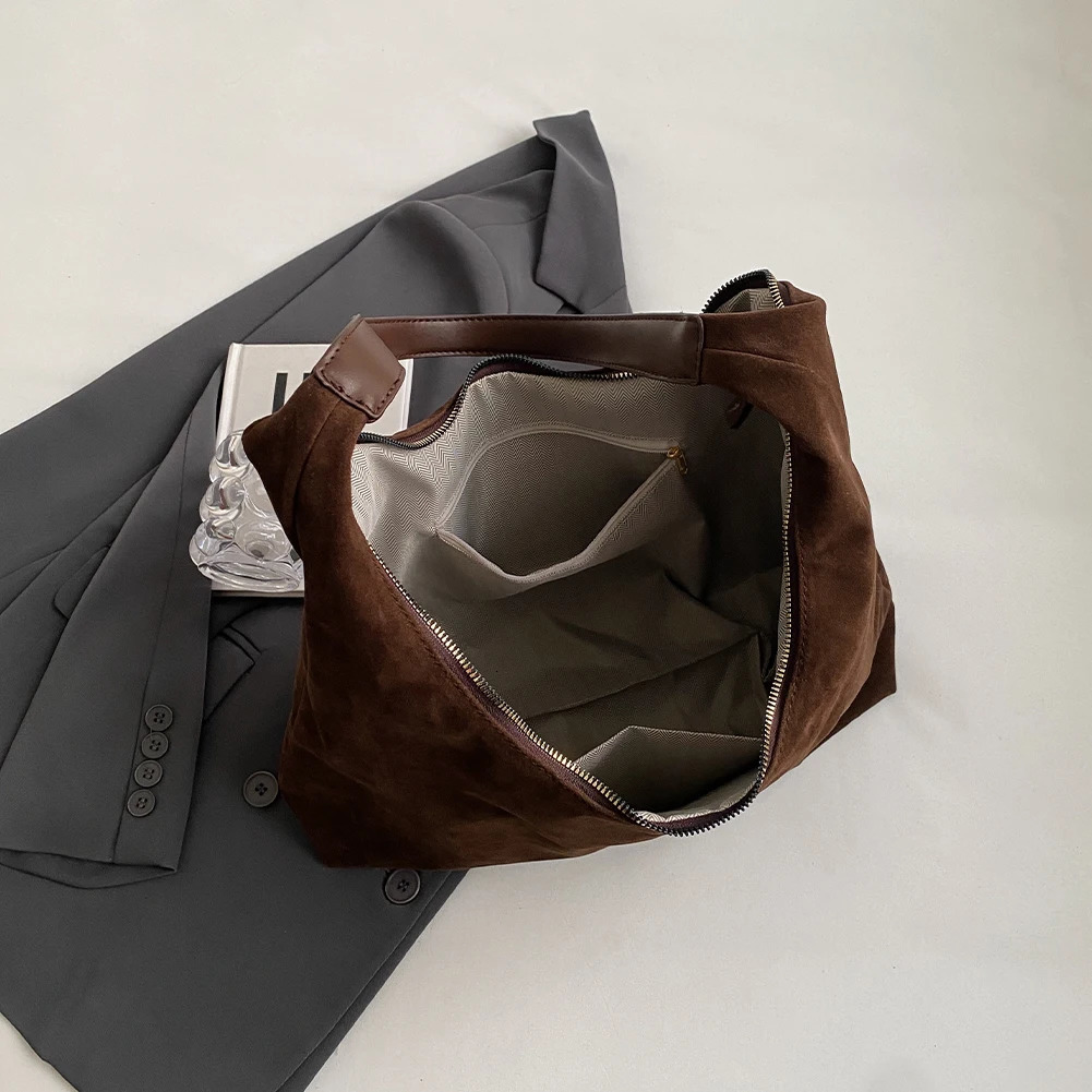 Women Suede Tote Bag with Zipper Shoulder Bag PU Leather Large Capacity Hobo Bag Solid Slouchy Bag Travel Bag 250324