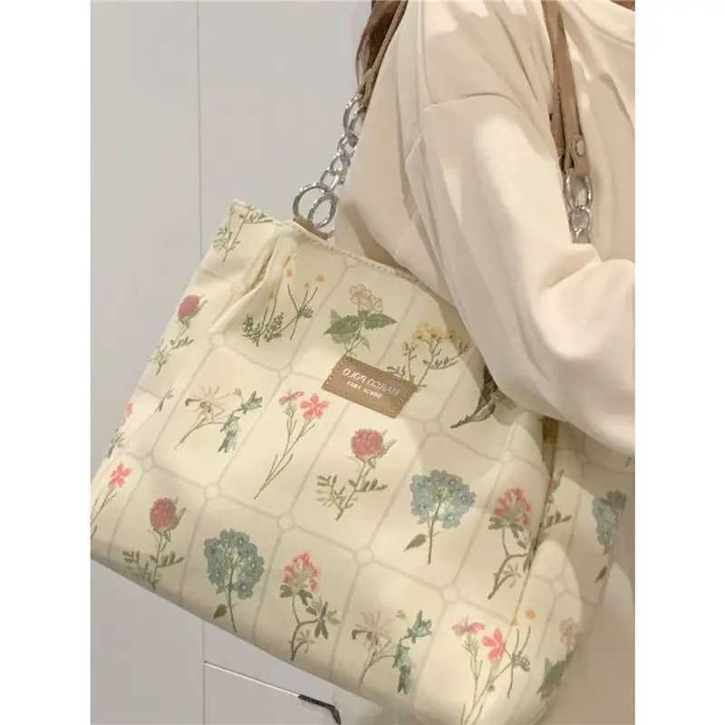 Miyagawa Womens 2024 Large Capacity Canvas Bag Printed Flower Handheld Classroom Commuter Single Shoulder Handbag Z250324