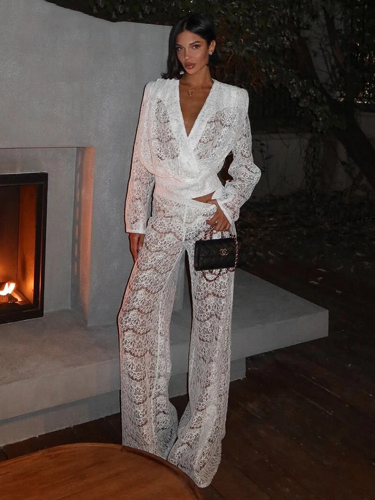 Mozision White Lace Two Piece Sets Women Deep V Neck Long Sleeve Tops And Long Pants Ladies See Through Loose Trousers Sets 250325