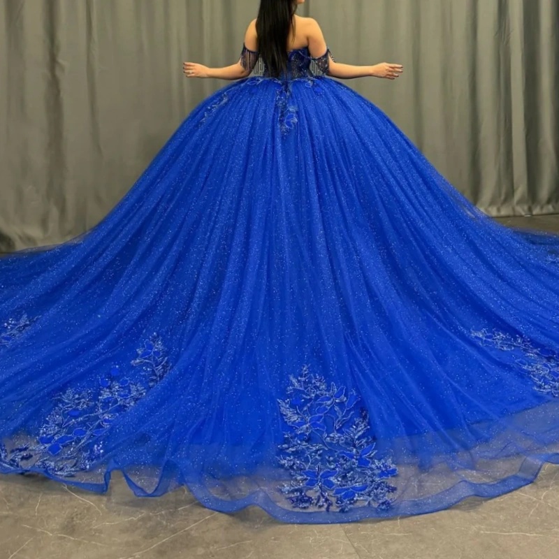 Royal Blue Shiny Princess Quinceanera Dresses Sequin Appliqued Lace Beading Tull Sweet 16 Dress Sweetheart Off Shoulder Ball Gown Vestidos 15 De anos