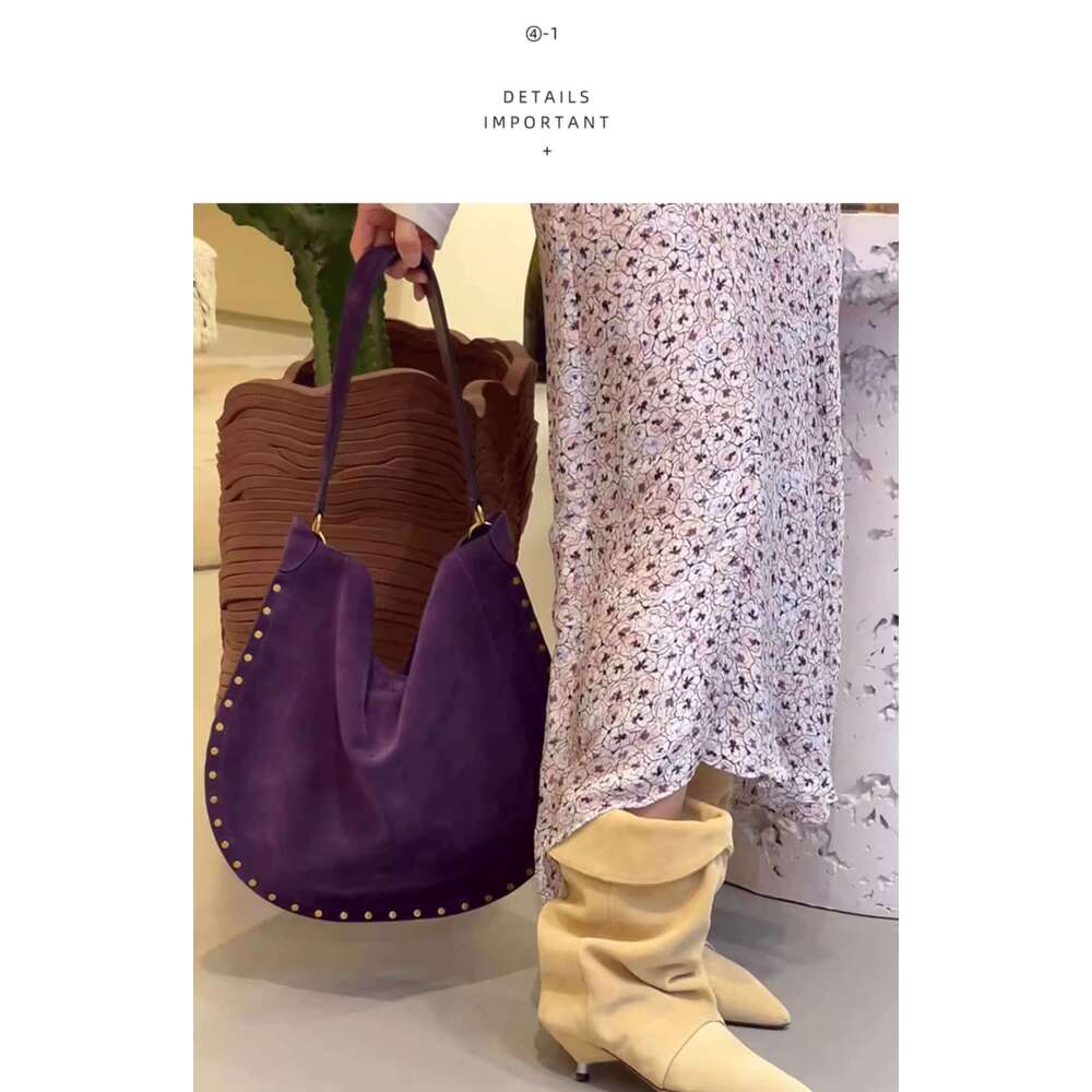 Women's Bags Small niche design rivet frosted purple cowhide large capacity tote bag, new versatile and fashionable single shoulder crossbody bag