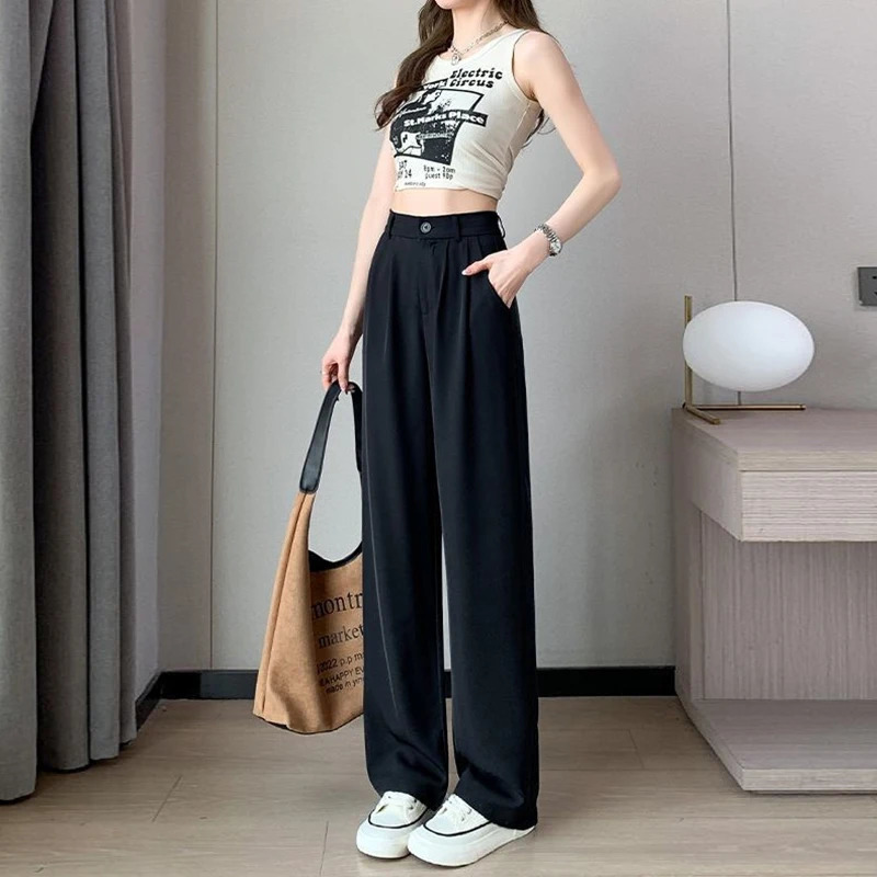 Womens set pants bag waist wide leg solid color Trouser womens straight mom classic office loose 250324Z