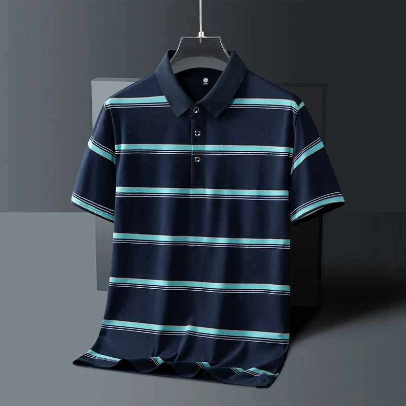Summer mens polo shirt pure cotton short sleeved Tshirt thin striped business casual breathable pleated top 250311