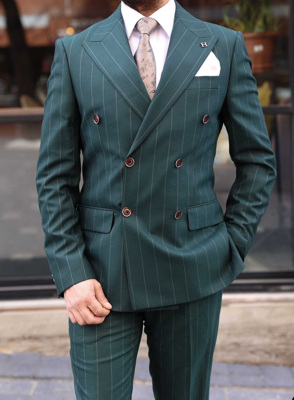 New Designer Men Suits Set 2 Pieces Blazer+Pant Trousers With Pinstripe Peaked Lapel Customized Groom Wedding Tuxedo Formal Office Prom Jacket(Coat+Pa