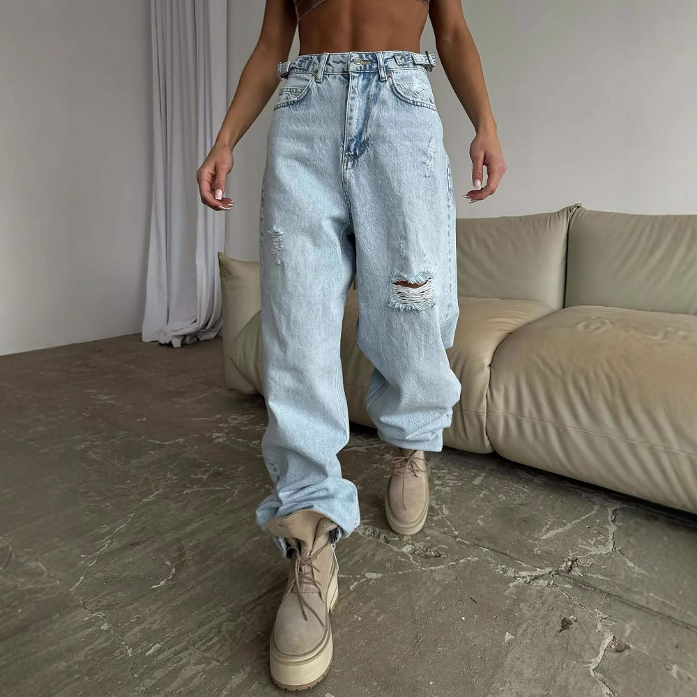 Jeans for women, straight tube, loose and luxurious, summer high waist, slimming, beggar, ripped hole, wide leg pants, trendy