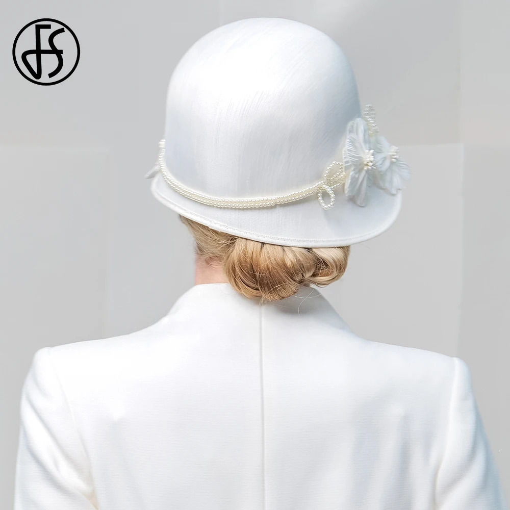 FS Elegant White Black Hat with Flowers Top British Ladies Retro Cocktail Party Hat Wedding Church Millionaire Winter 250320