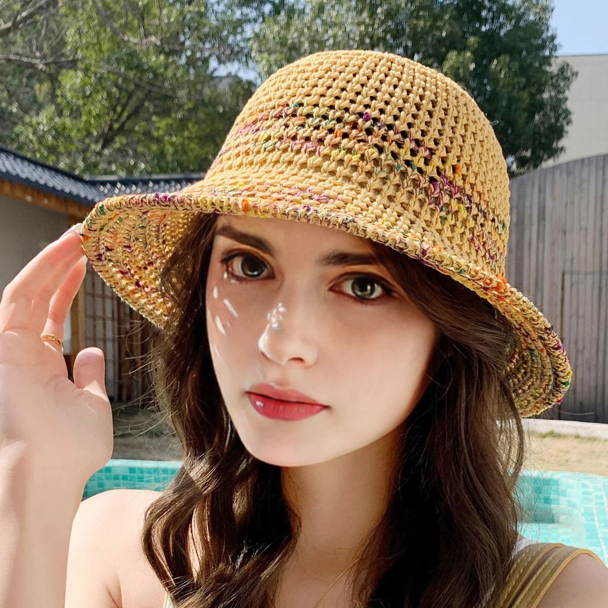 1 Womens Knitted Rainbow Gradient Hollow Hat Outdoor Leisure Fisherman Hat for Daily Use 250320