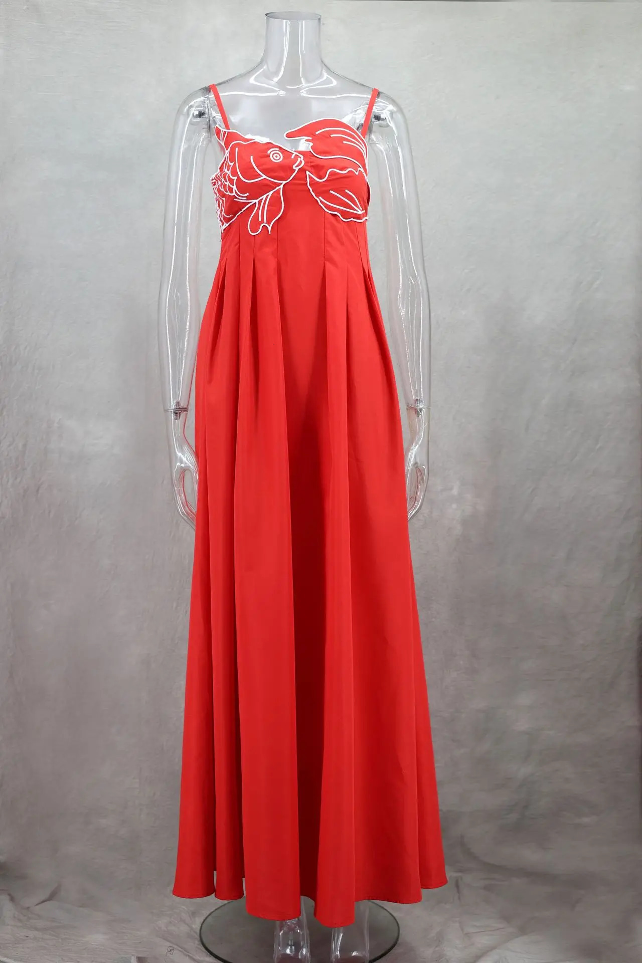 Summer 2024 Lady Party Streetwear Red Fish Top Maxi Dress For Women Sexy Sling Sleeveless Backless Femlae Robe Street Vestidos 250320