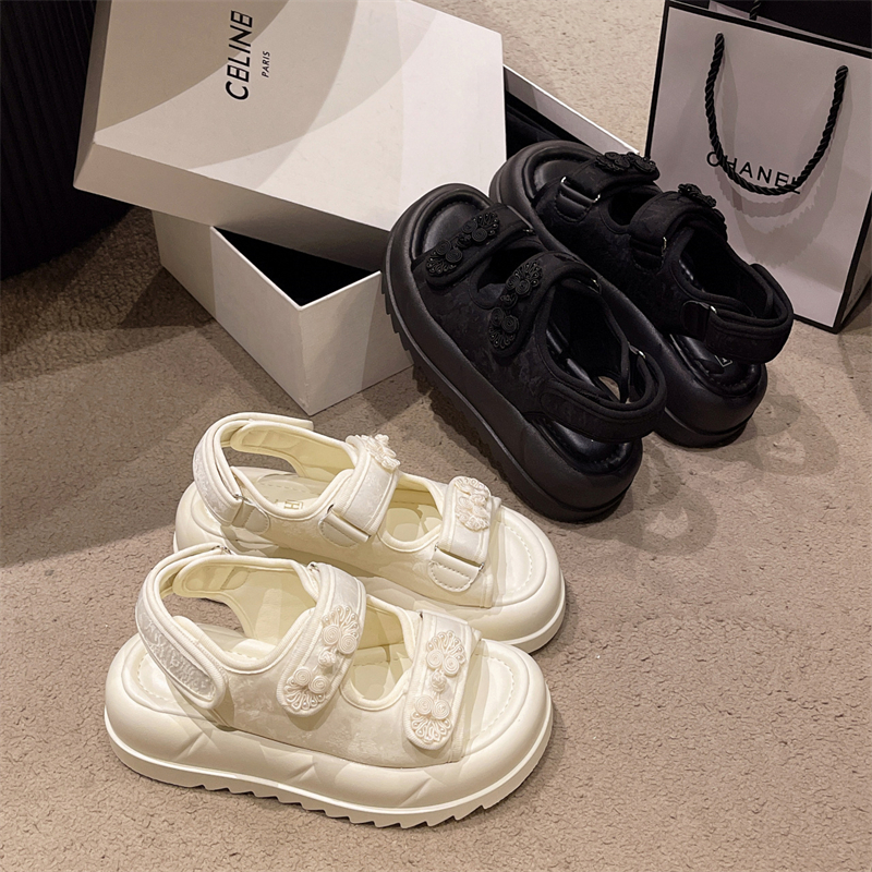 free shipping New Chinese Women's Sandals 2025 Summer National Style Thick-soled Casual Sandals Small Fragrance Beach Shoes