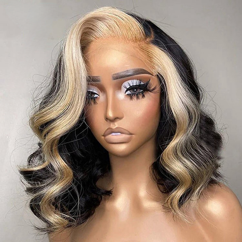 Free shipping 180Density Peruvian Short Blonde Front Human Hair Bob Wig Body Wave Highlight Colored Synthetic HD Lace Frontal Wigs For Women