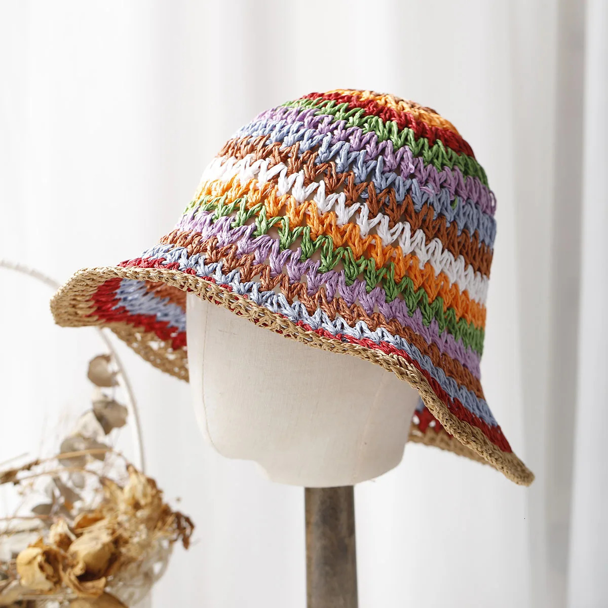 Rainbow woven womens sunscreen hat summer Japanese straw hat protective fashion breathable hollow beach sun hat 250320