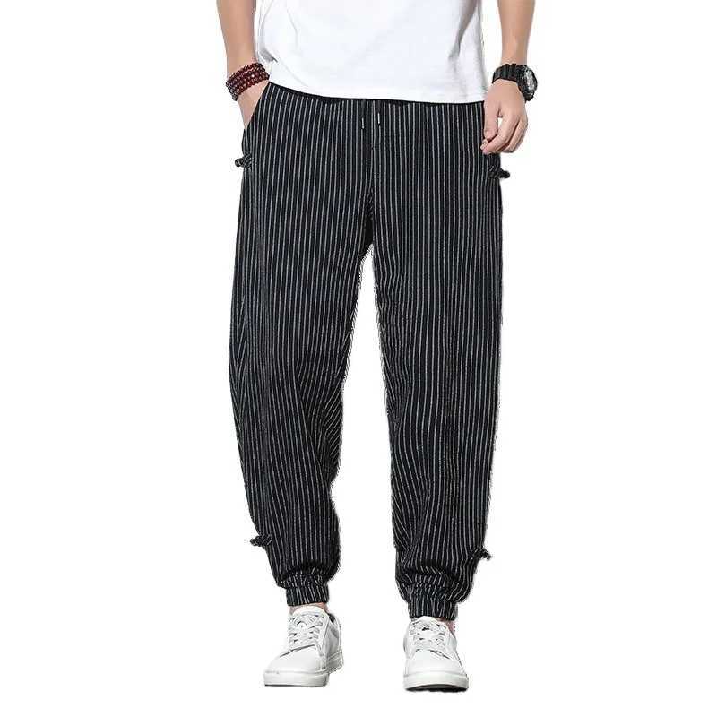 Mens Summer Casual Pants Spring/Summer Mens Striped Pants Loose Belt Sports Pants Summer Linen Cut Pants W250324