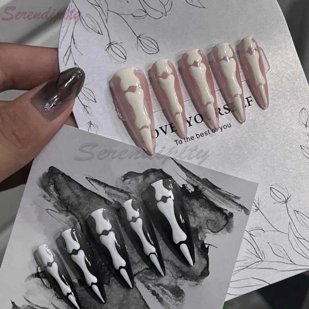 10 Halloween Night Lights Gothic Bone Press Nail Gloss Long Almond shaped Nails Sweet Cool Full Cover 250324