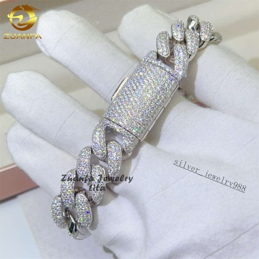 Hip Hop Rapper Silver 925 Mens Jewelry Iced Out Diamond 15mm 3 Rows Moissanite Cuban Link Chain Bracelet