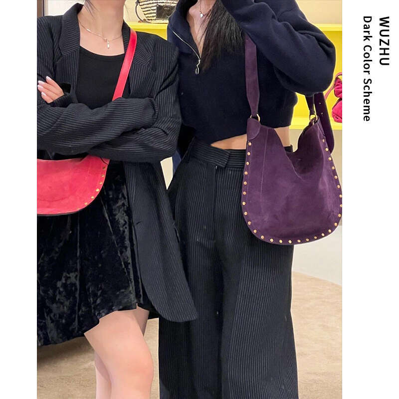 Women's Bags Small niche design rivet frosted purple cowhide large capacity tote bag, new versatile and fashionable single shoulder crossbody bag