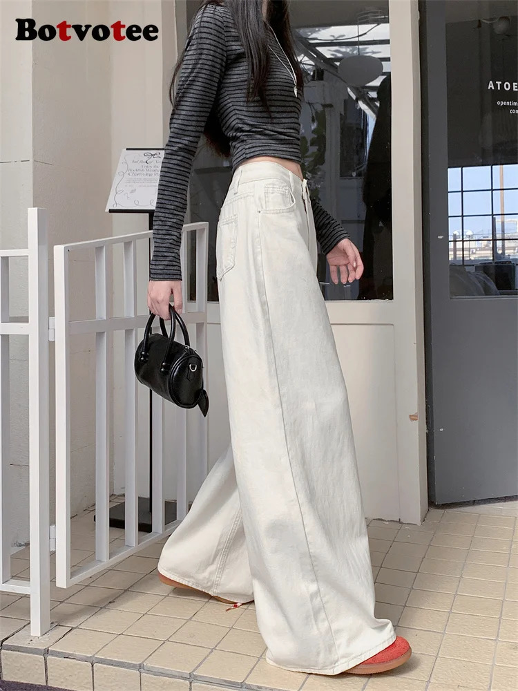 Botvotee Milk White Baggy Jeans SpringSummer 2025 Korean Fashion Leather Cover Y2k Loose Large High Waist 250324