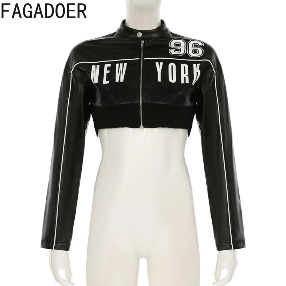 FAGADOER Y2K Leather Jacket Womens Black Letter Printed Motorcycle Punk Coat Zipper Cut Jacket Girl Street Clothing 250322