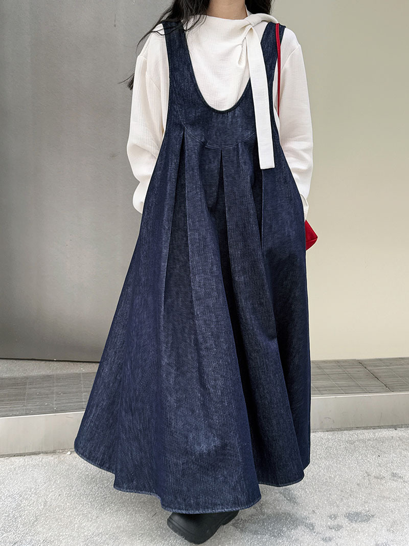 K8150 A3 high quality retro U-neck vest denim dress female 2025 spring new design versatile long skirt