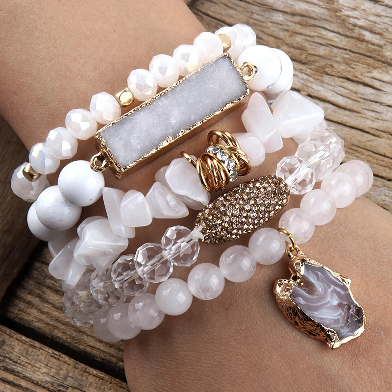 Fashion er Gemstone Crystal Glass Beaded Bracelet Sets Druzy Charm 5pc Stack Bracelet Bracelets Set For Women Jewelry Gift 250318