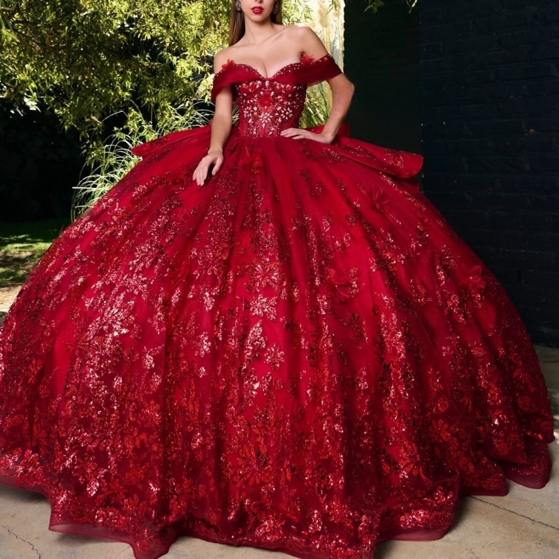 Red Shiny Quinceanera Dresses Off Shoulder Ball Gown Sweet 16 Dress Beads Sequin Appliques Lace Bow Tull Corset Birthday Party Vestidos 15 De anos